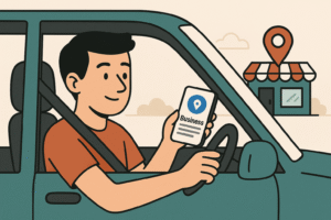 Person driving to location of business in local search results